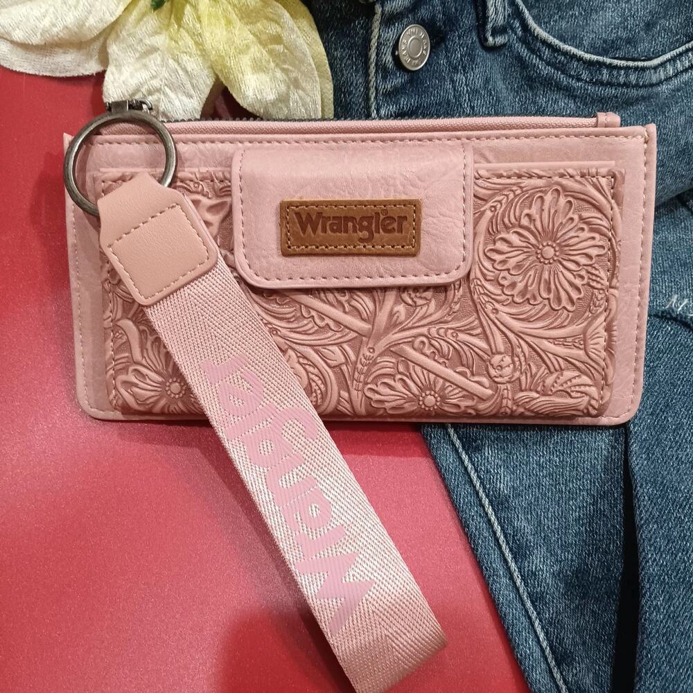 Wrangler PINK Wristlet Floral Tooled Zip-Around RFID Blocking FauxLeather Wallet